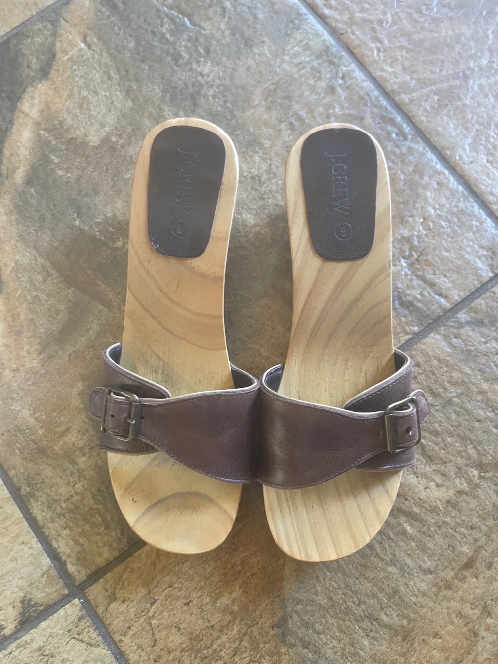 J. Crew Brown Leather Buckle Wood-Effect Slide Sandals